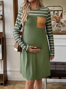 SHEIN Váy midi kẻ sọc rộng rãi tối giản dành cho nữ, mùa thu đông, dành cho bà bầu - xanh quân đội - Xem 3