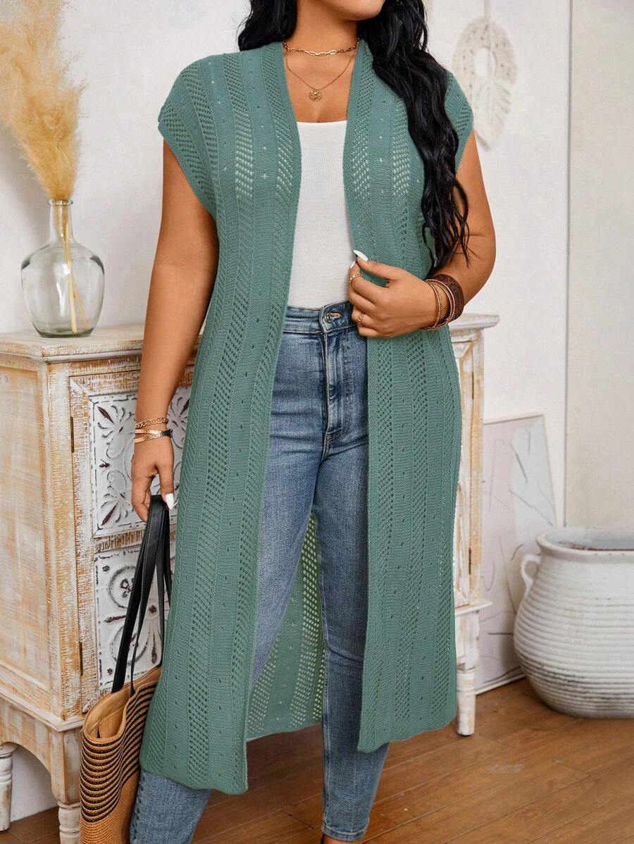 Calvaya Plus Size Women's Solid Color Casual Short Sleeve Knit Cardigan - Teal Blue - View 1