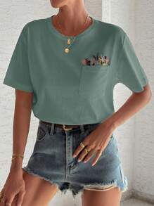 EURMUSE Áo thun thêu hoa, cổ tròn, chi tiết túi - Màu xanh Bạc hà - Xem 6