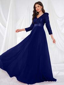 UNITHORSE Váy chữ A cổ chữ V tay 3/4 thêu sequin, váy dạ hội bán trang trọng tay dài, cho sinh nhật, khách dự tiệc cưới, tiệc tốt nghiệp - Xanh đậm - Xem 5
