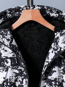 SHEIN Tween Boy All Over Print Zip-Front Thermal Lined Hooded Jacket - Black and White - View 7