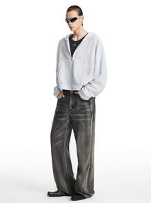 NEON BLANC Sudadera con capucha de manga corta raglán con logotipo bordado lavado, caja de punto, adecuada para otoño e invierno - Gris Claro - Ver 2