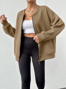 EURMUSE Cotton Women's Loose Fit Drop Shoulder Crew Neck Sweatshirt, Solid Color - Beige - View 3