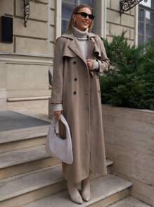 RueChic Plain Front Button Long Sleeve Pockets Simple Long Casual Jacket - Beige - View 4