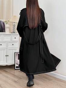 SHEIN EZwear Black Double Breasted Belted Trench Coat Autumn Winter Clothes For Women - Black - View 2