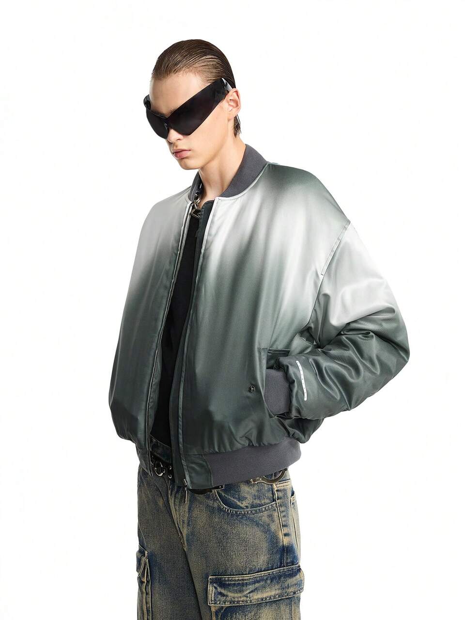 Men Street Ombre Bomber Jacket With Baseball Collar, Suitable For Winter