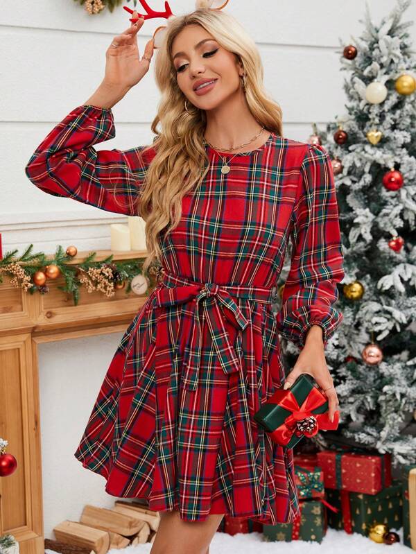 EMERY ROSE Women's Loose Fit A-Line Round Neck Puff Sleeve Christmas Dress For New Year Clothes