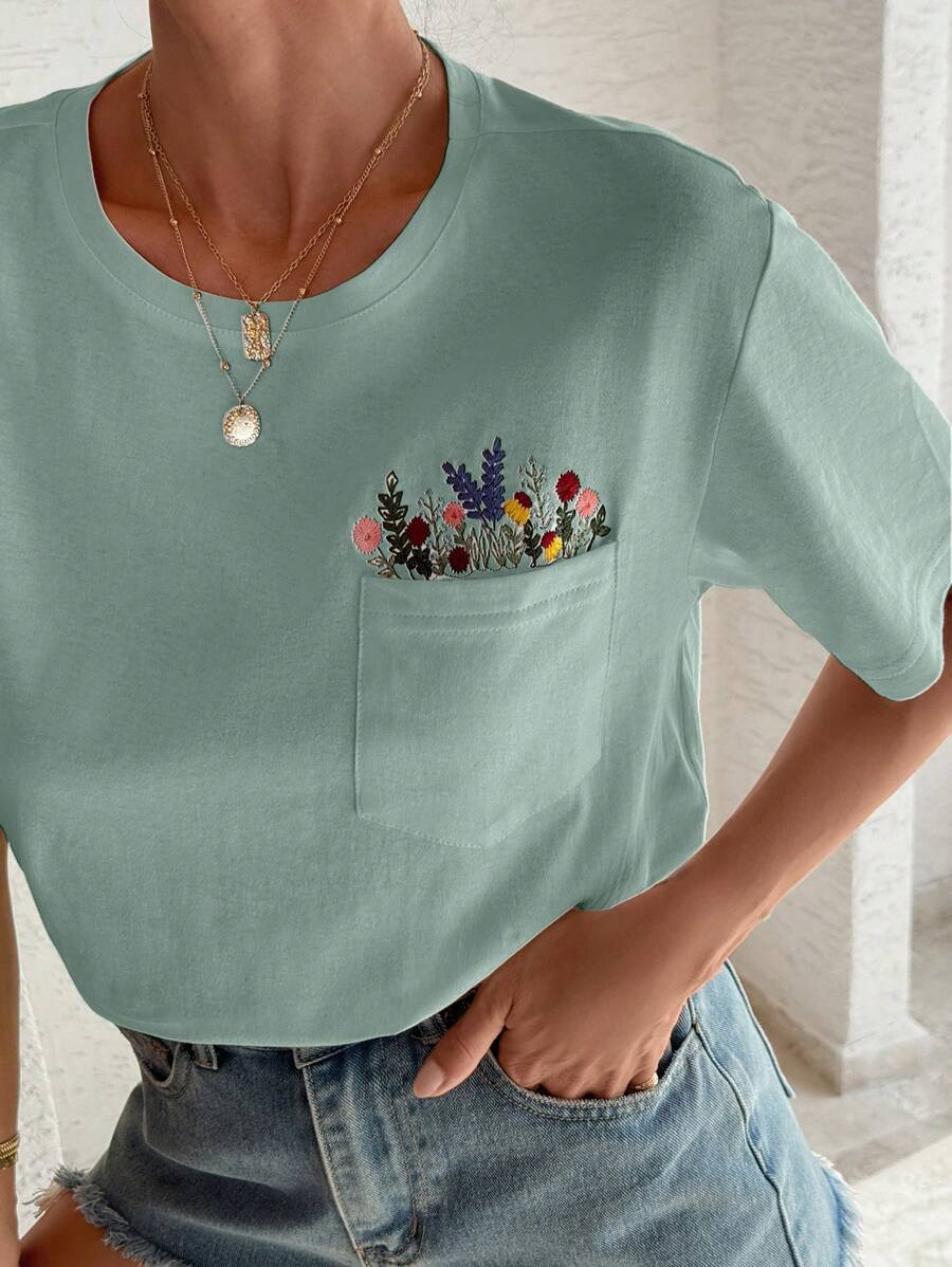 EURMUSE Áo thun thêu hoa, cổ tròn, chi tiết túi - Màu xanh Bạc hà - Xem 1