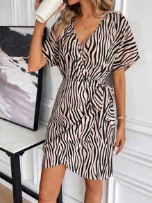 EMERY ROSE Zebra Striped Batwing Sleeve Knot Side Wrap Dress - Khaki - View 4