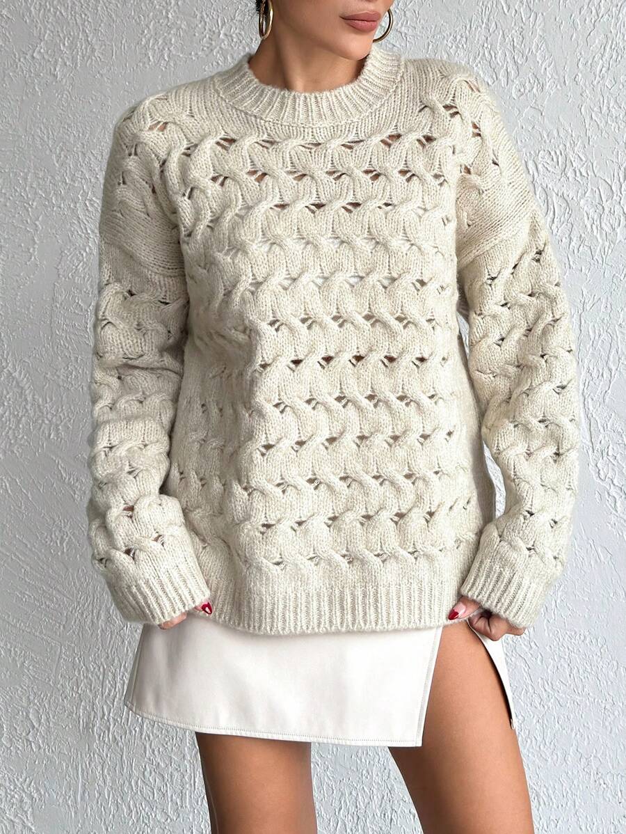 EURMUSE Suéter tipo pullover de mujer con cuello redondo, detalles de calado y textura suave - Beis - Ver 1