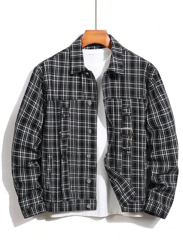 Manfinity EMRG Plus Size Men's Front Button Long Sleeve Pocket Plaid Casual Denim Jacket