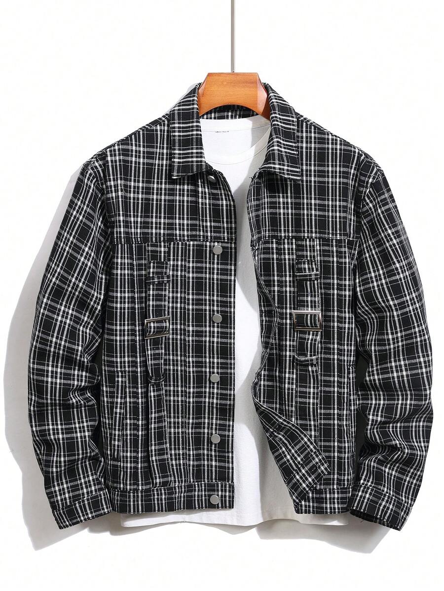 Manfinity Homme Jachetă de blugi casual în carouri, cu mânecă lungă, cu nasturi în față, pentru bărbați - Multicolor - Vizualizare 1