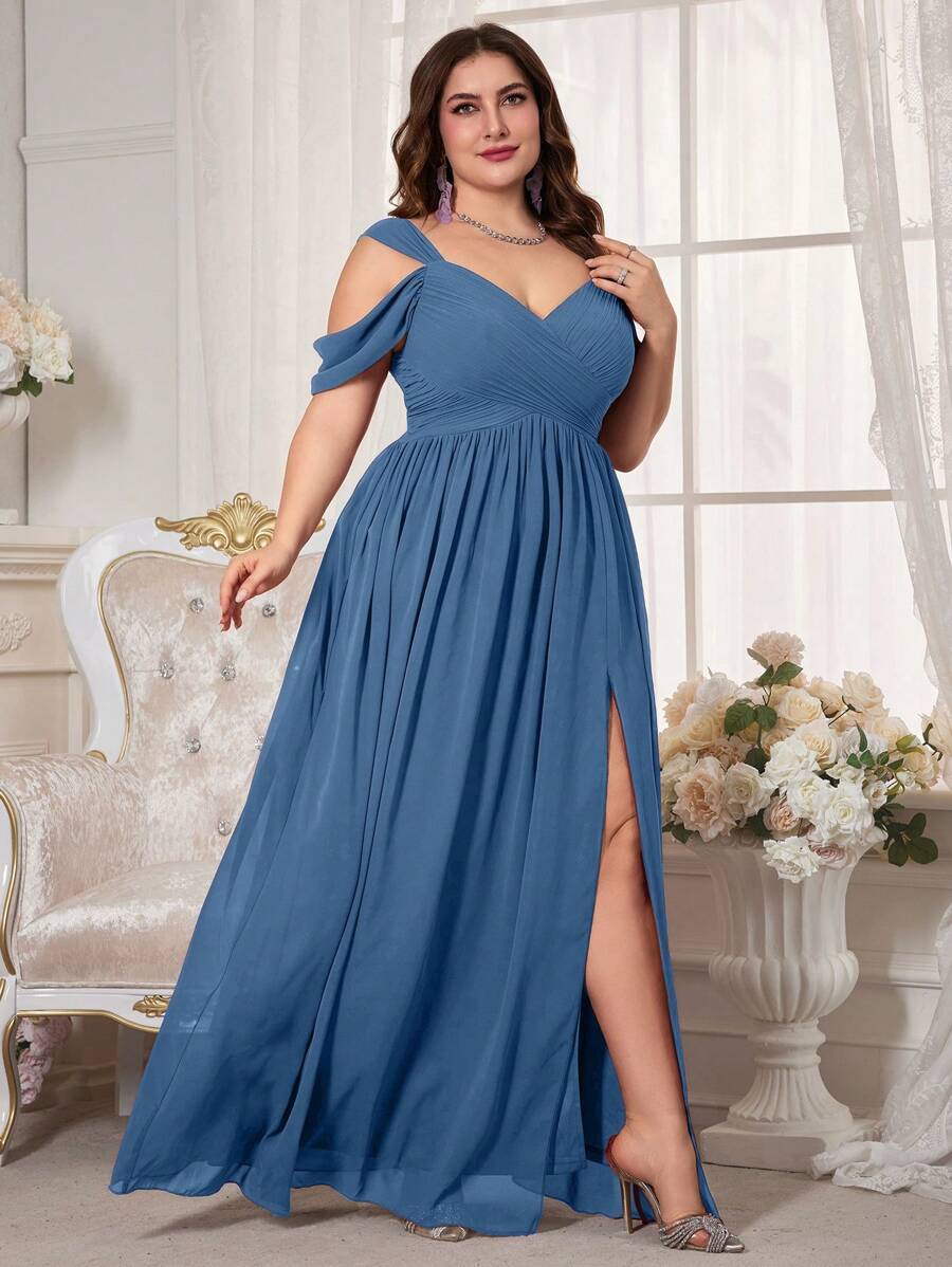 Gaun Pengantin Chiffon Lengan Pendek Tanpa Bahu untuk Wanita Ukuran Plus UNITHORSE - Dusty Blue - View 1