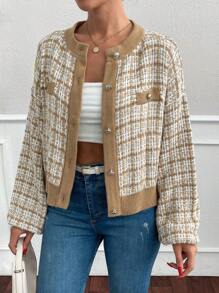 EURMUSE Spring Autumn Casual Plaid Chiffon Short Cardigan - Khaki - View 5
