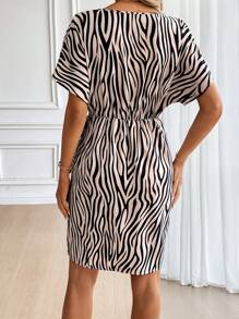 EMERY ROSE Zebra Striped Batwing Sleeve Knot Side Wrap Dress - Khaki - View 2