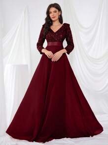 UNITHORSE V 领 3/4 袖亮片拼布喇叭下摆派对礼服，优雅长袖半正式舞会礼服，适合生日、婚礼嘉宾、毕业返校节 - 酒紅色 - 查看 1