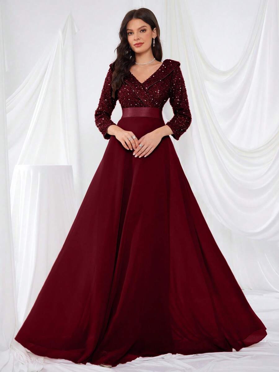 UNITHORSE V 领 3/4 袖亮片拼布喇叭下摆派对礼服，优雅长袖半正式舞会礼服，适合生日、婚礼嘉宾、毕业返校节 - 酒紅色 - 查看 1