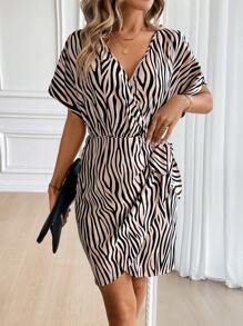 EMERY ROSE Zebra Striped Batwing Sleeve Knot Side Wrap Dress - Khaki - View 5