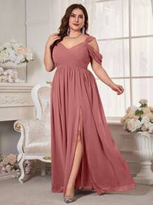 UNITHORSE 大码女士露肩短袖雪纺婚纱、优雅礼服、生日礼服、毕业礼服、正式礼服、伴娘礼服 - 藕粉色 - 查看 4