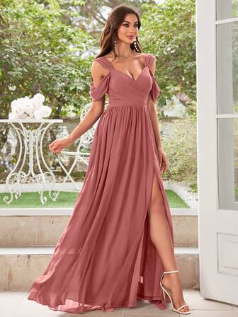 UNITHORSE Women Elegant Pleated Slit Simple Short Sleeve Chiffon Bridesmaid Dress
