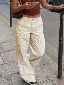GILIPUR Cargo Women Pants Stretch Multi-Pocket Casual Y2K Style Baggy Pants Streetwear 2000s Fall Vintage Style Going Out Christmas And Thanksgiving For New Year - Apricot - View 4