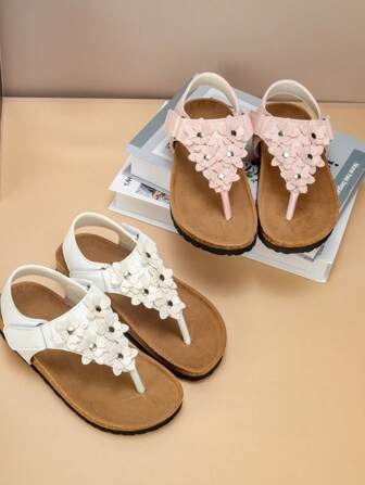 1 Pair Comfortable & Fashionable Floral Soft Cork Bottom Strap Children Flat Sandals