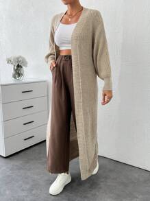 SHEIN Tall Drop Shoulder Open Front Longline Cardigan - Apricot - View 3