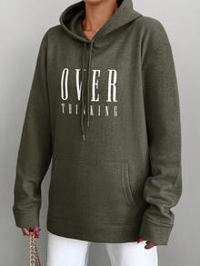 RueChic Sudadera Con Capucha De Manga Larga Con Cordón Y Estampado De Texto Distante - Verde Oliva - Ver 3