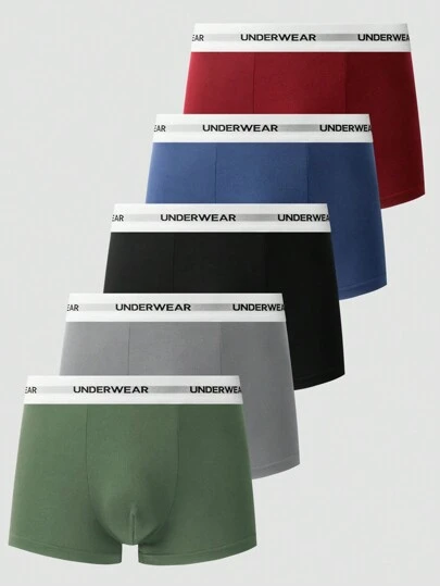 5 piezas Calzoncillos tipo bóxer casuales para hombre con estampado de letra a unicolor y parches