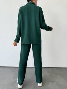 EURMUSE 2pcs Women Solid Color Long Sleeve Blouse & Wide Leg Drawstring Pants Set - Dark Green - View 2