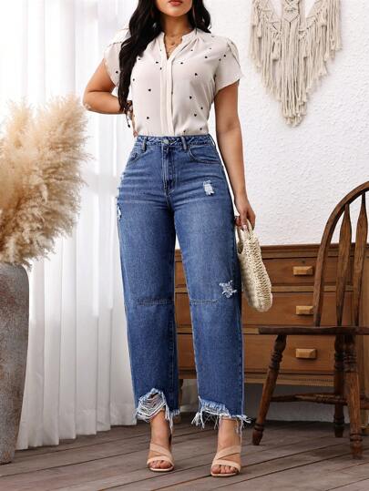 EMERY ROSE Jeans casuales de calle rectos con pierna de mujer con borde crudo y rasgados