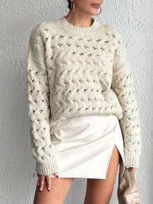 EURMUSE Suéter tipo pullover de mujer con cuello redondo, detalles de calado y textura suave - Beis - Ver 5