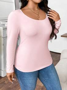 SHEIN CURVE+ 大码休闲宽松圆领长袖 T 恤 - 淺粉色 - 查看 4