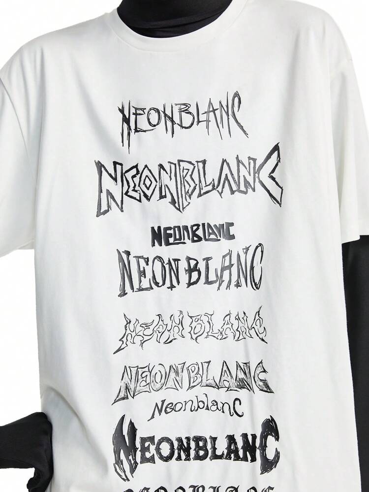 Men Dropped Shoulder Round Neck Black & White Letter Print Short Sleeve T-Shirt, Street Wear, For Rapper, For Going Out