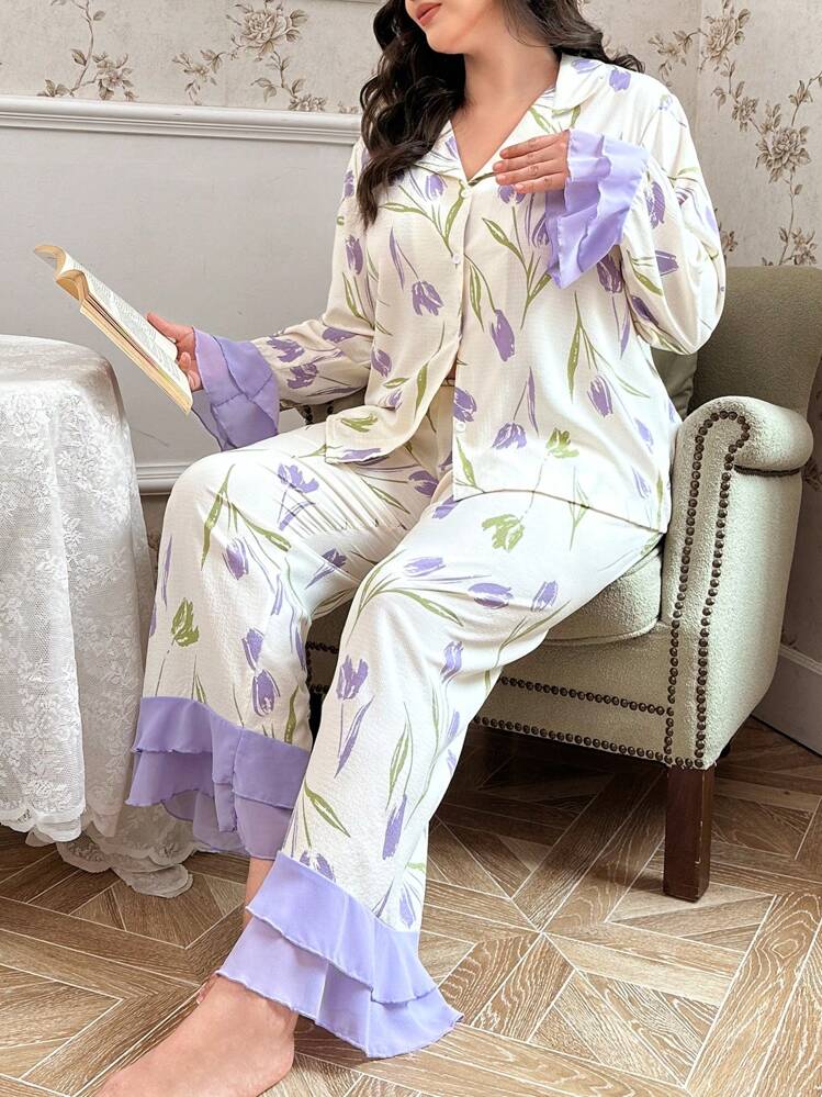 CottageSlumber ملابس علوية وبنطلون بيجاما مطبوعة بالزهور مع ياقة وكشكشة، أكمام طويلة، تفاصيل مريحة وأنيقة، ملابس خريف وشتاء - الأرجواني - مشاهدة 7