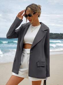 SHEIN Cottnline Women's Solid Color Long Sleeve Simple Casual Lapel Neck Blazer - Grey - View 3