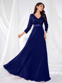 UNITHORSE Váy chữ A cổ chữ V tay 3/4 thêu sequin, váy dạ hội bán trang trọng tay dài, cho sinh nhật, khách dự tiệc cưới, tiệc tốt nghiệp - Xanh đậm - Xem 3