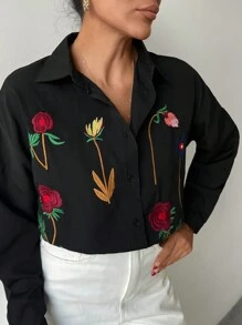 EURMUSE Oversized Embroidered Floral Casual Long Sleeve Shirt - Black - View 7