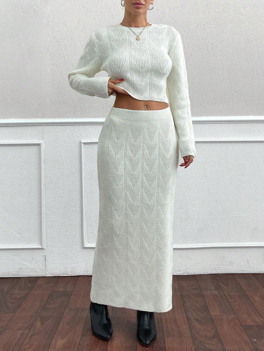 EURMUSE 2pcs/Set Sweater Knitted Skirt Set, Women Autumn - White - View 1