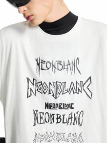 NEON BLANC 男士落肩圆领黑白字母印花短袖 T 恤，街头装，适合说唱歌手，适合外出 - 白色 - 查看 3