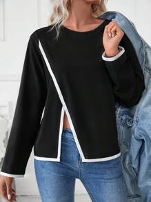 SHEIN LUNE Women's Woven Asymmetrical Color Block Split Shirt - Black and White - View 6