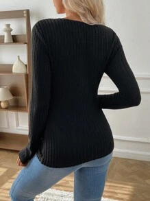 SHEIN Maternity Sweetheart Neck Twist Front Ribbed Knit, Ribbed Knit Tee - Black - View 2