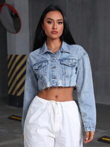 SHEIN Tall Front Button Long Sleeve Pocket Distressed Frayed Denim Jacket - Medium Wash - View 3