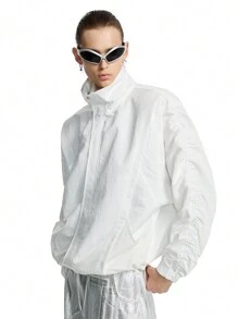 NEON BLANC Men's White High Collar Windproof Ribbed Long Sleeve Jacket, For Fall Winter - White - View 3