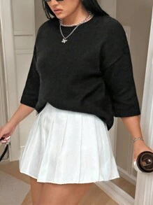 Calvaya Suéter holgado de cuello redondo, de manga corta y tejido para mujer de talla grande, adecuado para otoño/invierno