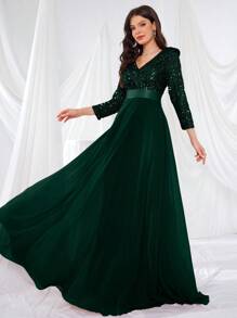 UNITHORSE V 领 3/4 袖亮片拼接喇叭形礼服，优雅半正式舞会礼服，适合生日、婚礼宾客、毕业返校节、派对礼服 - 墨綠色 - 查看 3