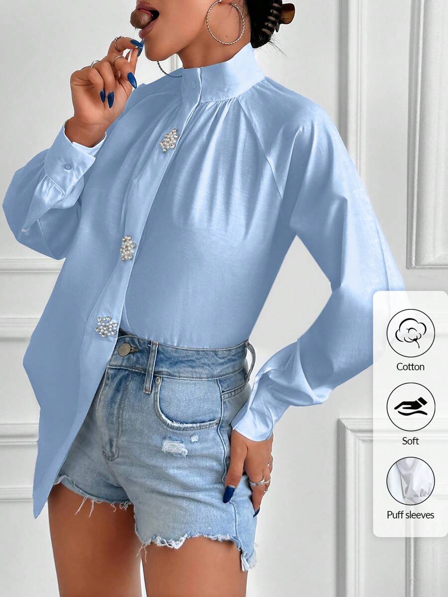 EURMUSE Women's Raglan Sleeve Faux Pearl Decor Shirt - Baby Blue - View 1