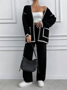 EURMUSE Bộ 2 áo len cardigan thắt túi màu đơn giản cho nữ và quần dệt kim - màu đen - Xem 5