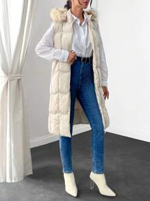 EURMUSE Waterproof Quality, Faux Fur Hooded Long Line Puffer Winter Vest - White - View 1