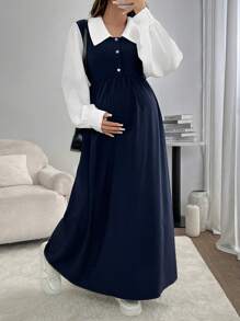 SHEIN Đầm dài tay cài nút màu đơn giản cho bà bầu mùa thu - Màu xanh hải quân - Xem 4